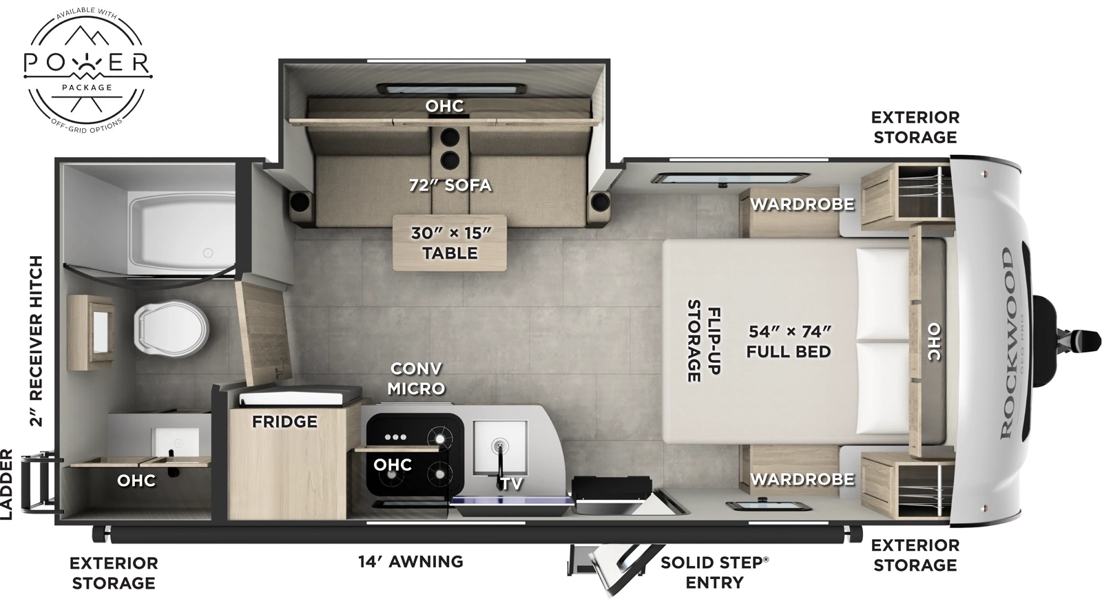 The Rockwood Geo Pro G20FBS floorplan has one entry and one slide out. Exterior features include: fiberglass exterior and 14' awning. Interiors features include: front bedroom and rear bathroom.
